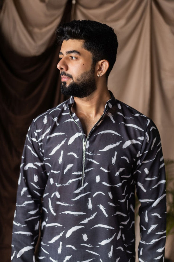 Amazing Black Color Linen Fabric Kurta Pajama