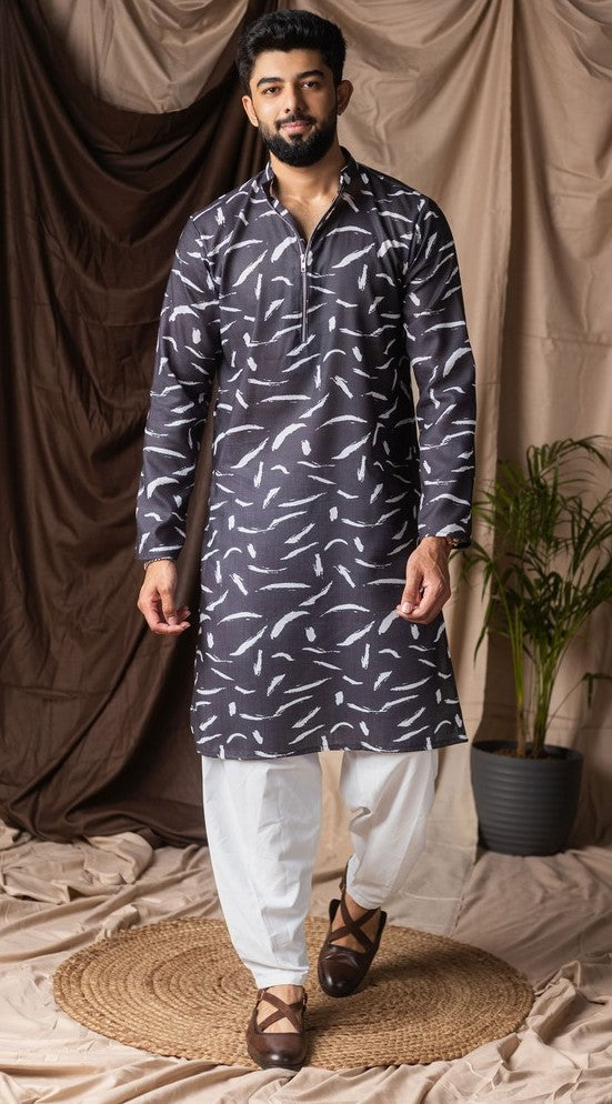 Amazing Black Color Linen Fabric Kurta Pajama