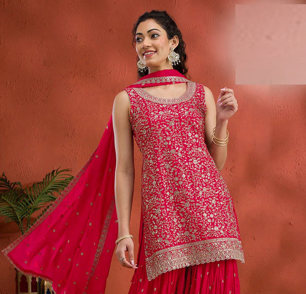 Tasteful Red Color Georgette Fabric Plazzo Suit