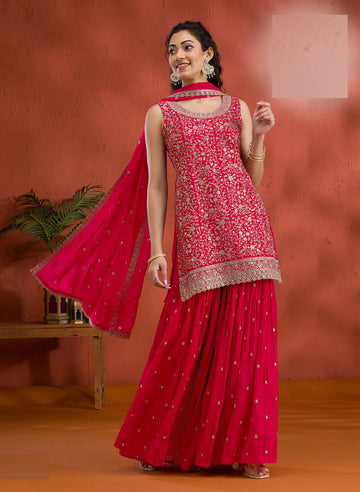 Tasteful Red Color Georgette Fabric Plazzo Suit
