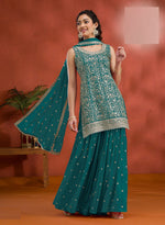 Tasteful Teal Color Georgette Fabric Plazzo Suit