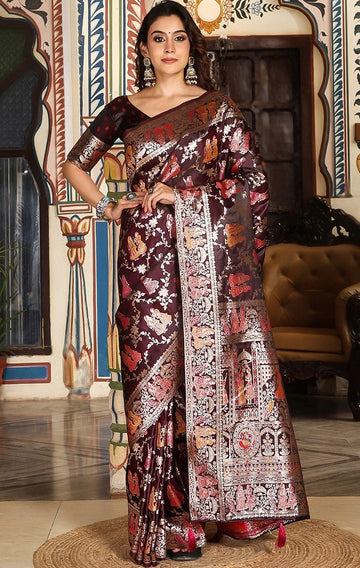 Amazing Maroon Color Silk Fabric Partywear Saree