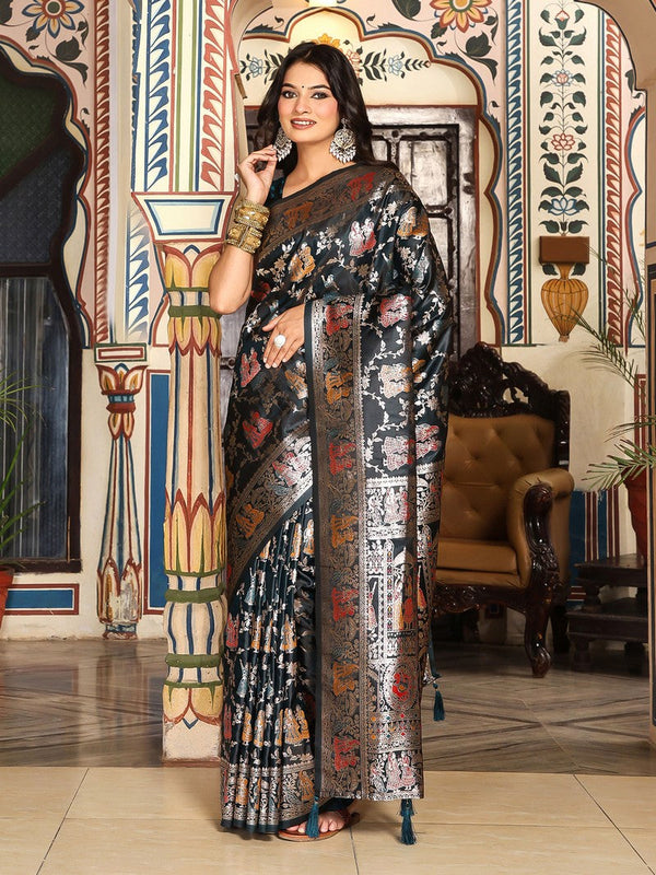 Amazing Teal Color Silk Fabric Partywear Saree