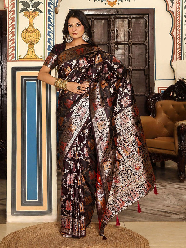 Amazing Brown Color Silk Fabric Partywear Saree