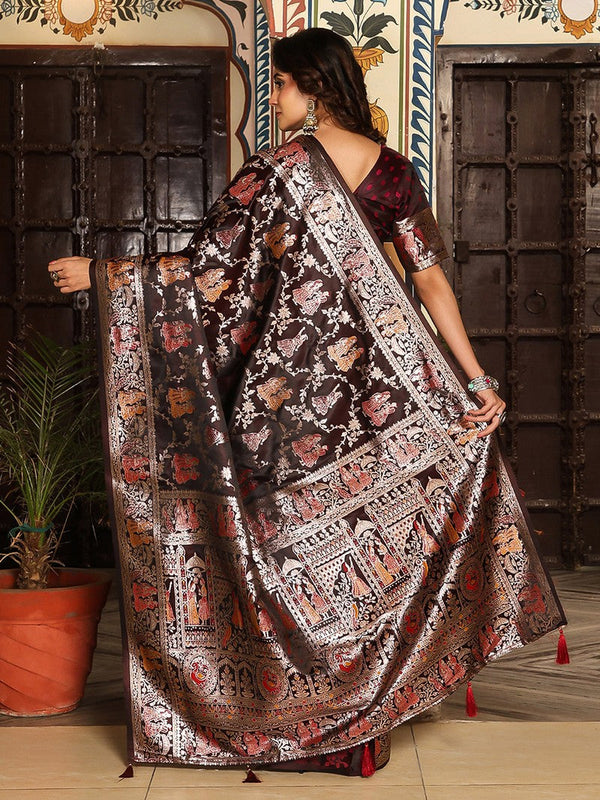 Amazing Brown Color Silk Fabric Partywear Saree