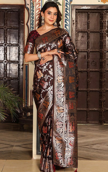Amazing Brown Color Silk Fabric Partywear Saree