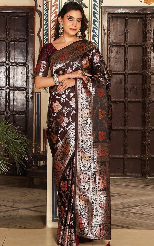 Amazing Brown Color Silk Fabric Partywear Saree