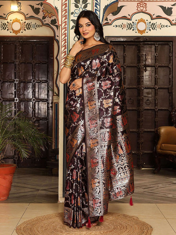Amazing Wine Color Silk Fabric Partywear Saree
