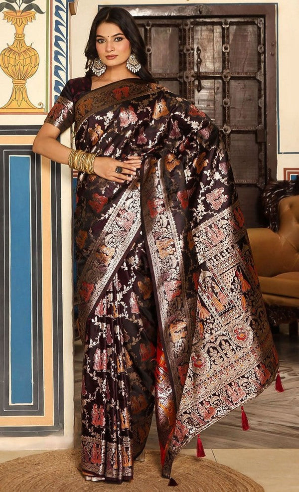 Amazing Wine Color Silk Fabric Partywear Saree