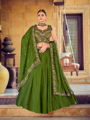 Amazing Green Color Silk Fabric Party Wear Lehenga
