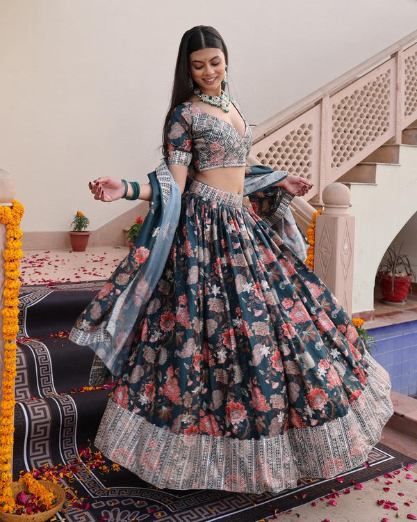 Amazing Green Color Chinon Fabric Party Wear Lehenga