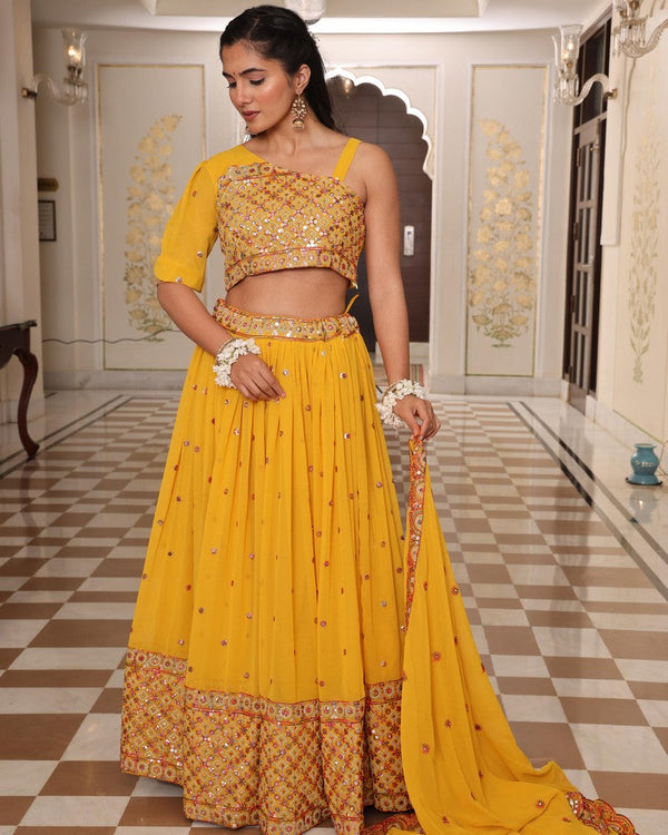 Amazing Yellow Color Georgette Fabric Party Wear Lehenga
