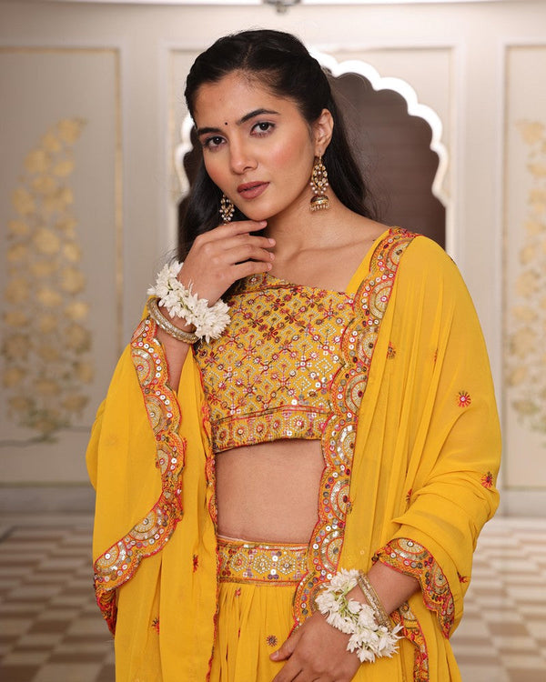 Amazing Yellow Color Georgette Fabric Party Wear Lehenga