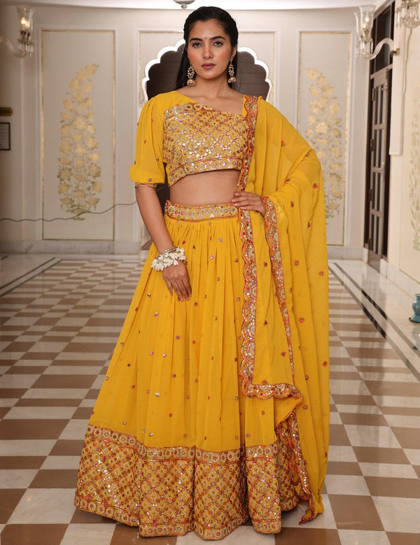 Amazing Yellow Color Georgette Fabric Party Wear Lehenga