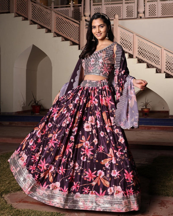 Amazing Wine Color Chinon Fabric Party Wear Lehenga