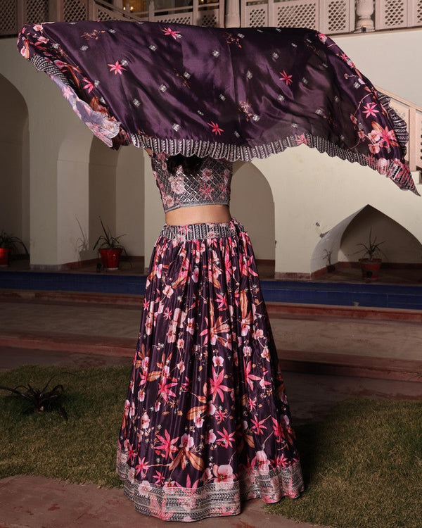 Amazing Wine Color Chinon Fabric Party Wear Lehenga