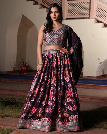 Amazing Wine Color Chinon Fabric Party Wear Lehenga