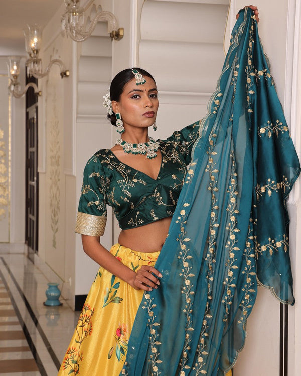 Amazing Teal Color Chinon Fabric Party Wear Lehenga