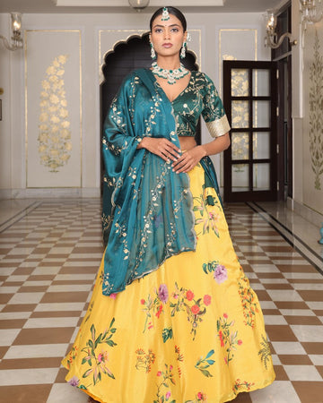 Amazing Teal Color Chinon Fabric Party Wear Lehenga