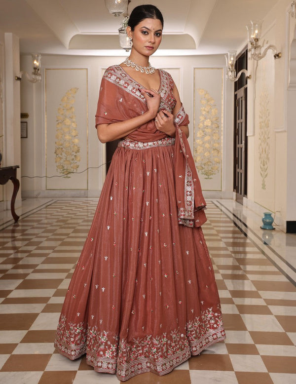 Amazing Brown Color Georgette Fabric Party Wear Lehenga