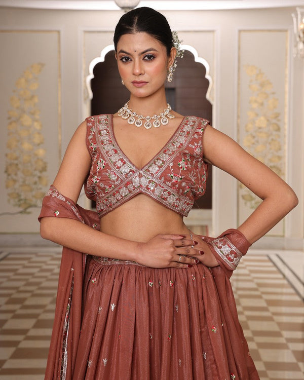 Amazing Brown Color Georgette Fabric Party Wear Lehenga