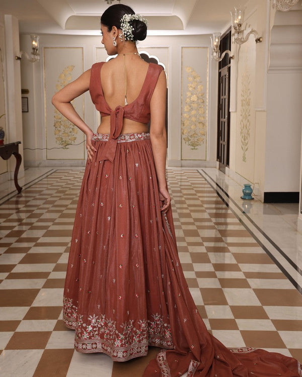 Amazing Brown Color Georgette Fabric Party Wear Lehenga