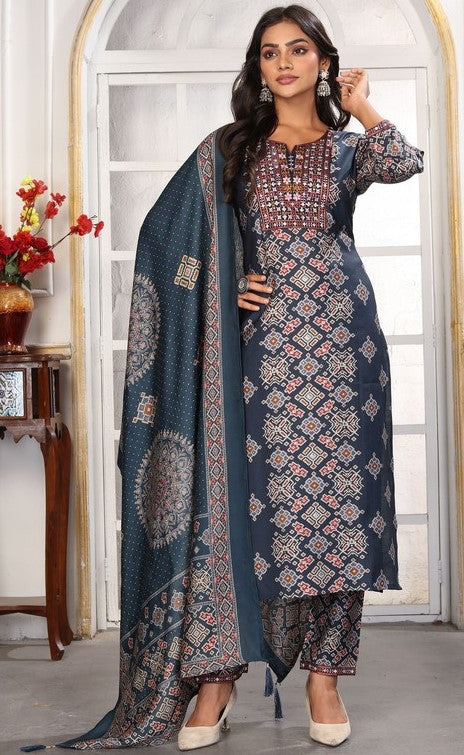 Amazing Navy Blue Color Chanderi Fabric Casual Suit