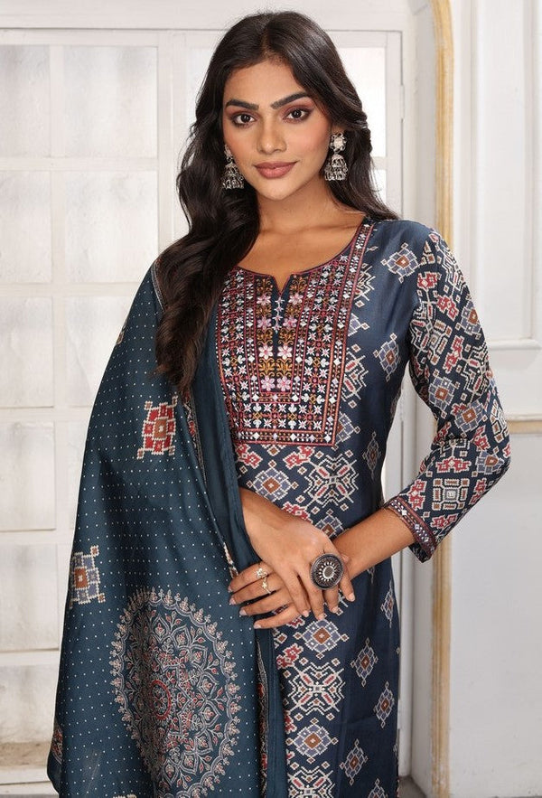 Amazing Navy Blue Color Chanderi Fabric Casual Suit