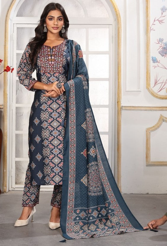 Amazing Navy Blue Color Chanderi Fabric Casual Suit