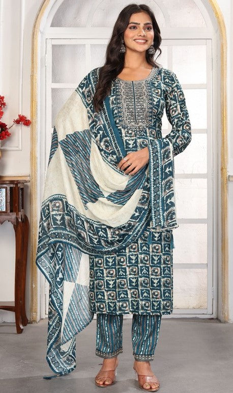 Amazing Teal Color Rayon Fabric Casual Suit