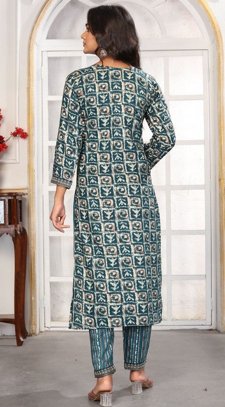 Amazing Teal Color Rayon Fabric Casual Suit