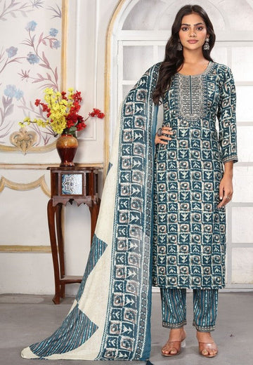 Amazing Teal Color Rayon Fabric Casual Suit