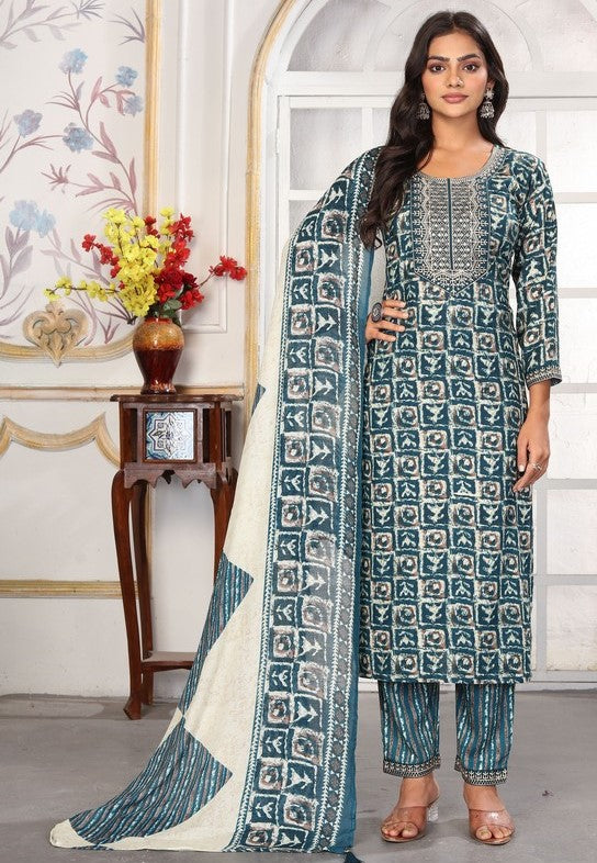 Amazing Teal Color Rayon Fabric Casual Suit