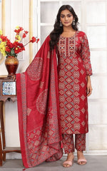 Amazing Red Color Chanderi Fabric Casual Suit