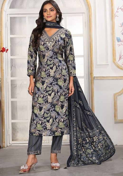 Amazing Black Color Chanderi Fabric Casual Suit