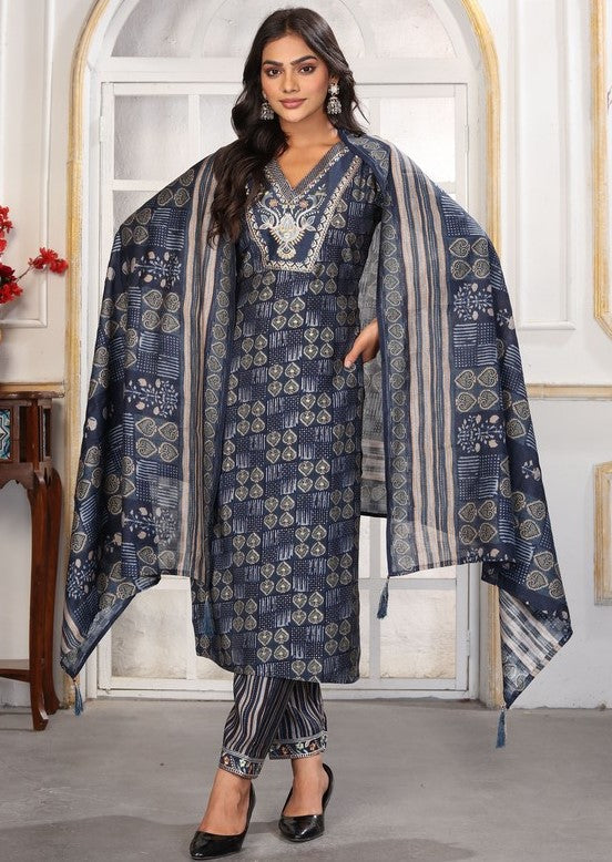 Amazing Navy Blue Color Chanderi Fabric Casual Suit