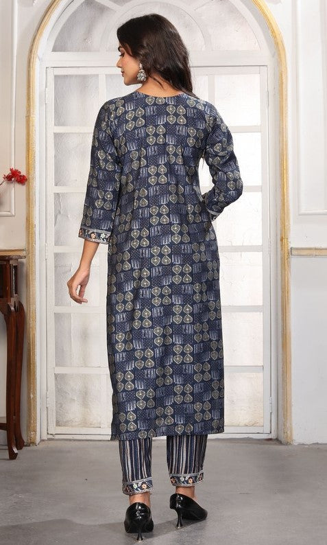 Amazing Navy Blue Color Chanderi Fabric Casual Suit