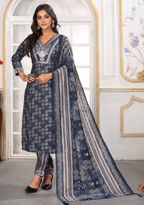 Amazing Navy Blue Color Chanderi Fabric Casual Suit