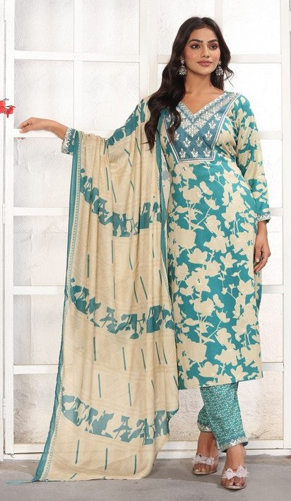 Amazing Turquoise Color Rayon Fabric Casual Suit