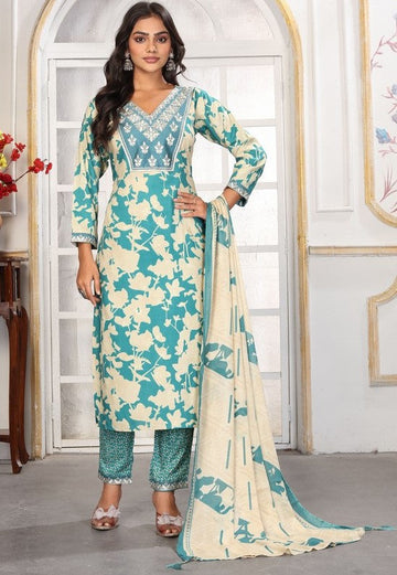 Amazing Turquoise Color Rayon Fabric Casual Suit