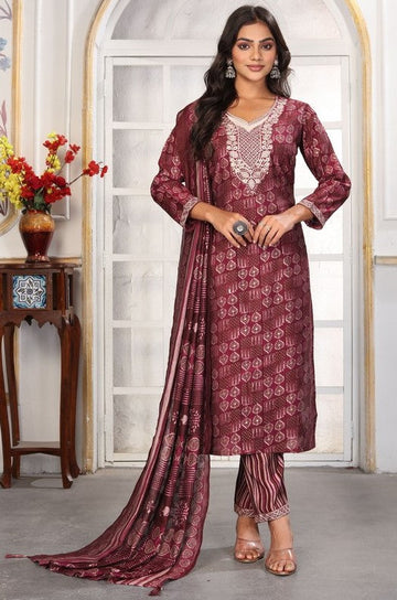 Amazing Wine Color Chanderi Fabric Casual Suit