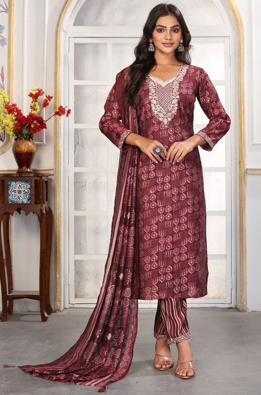 Amazing Wine Color Chanderi Fabric Casual Suit