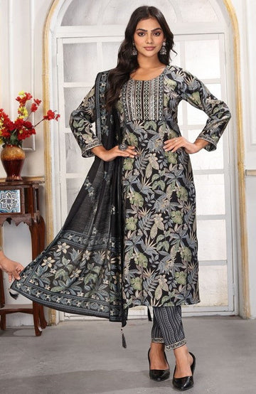 Amazing Black Color Chanderi Fabric Casual Suit