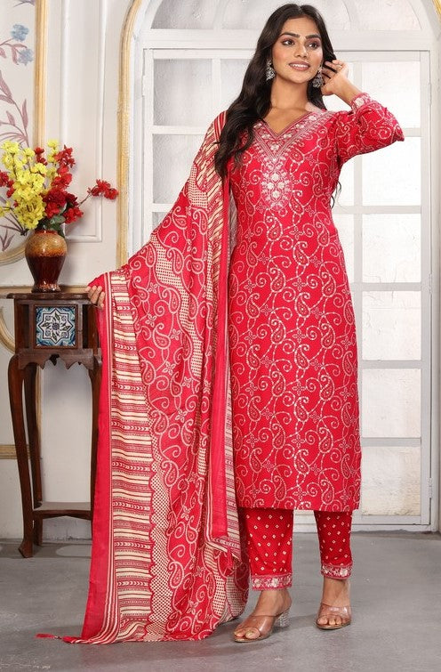Amazing Red Color Rayon Fabric Casual Suit