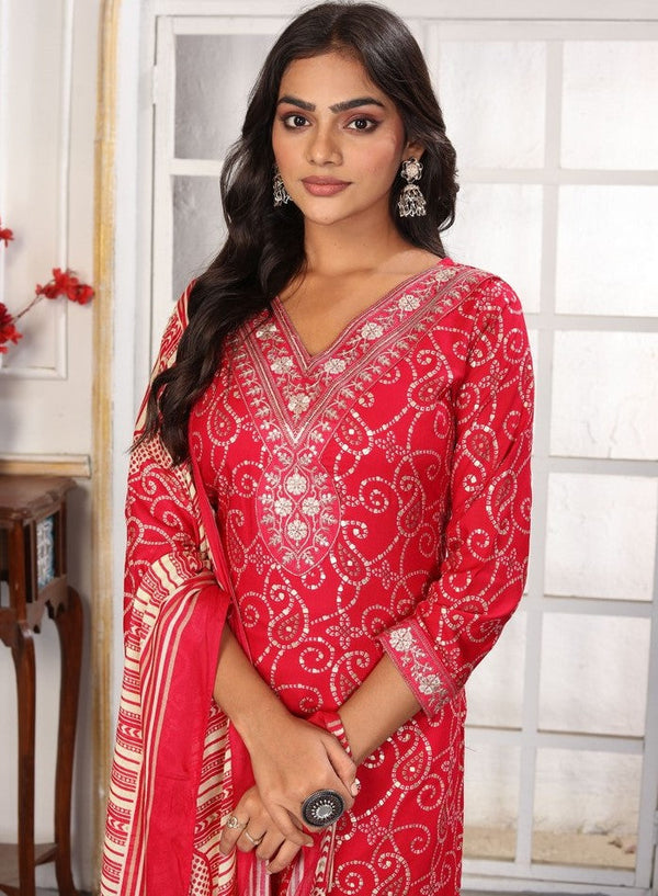 Amazing Red Color Rayon Fabric Casual Suit