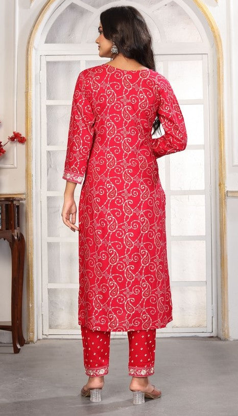 Amazing Red Color Rayon Fabric Casual Suit