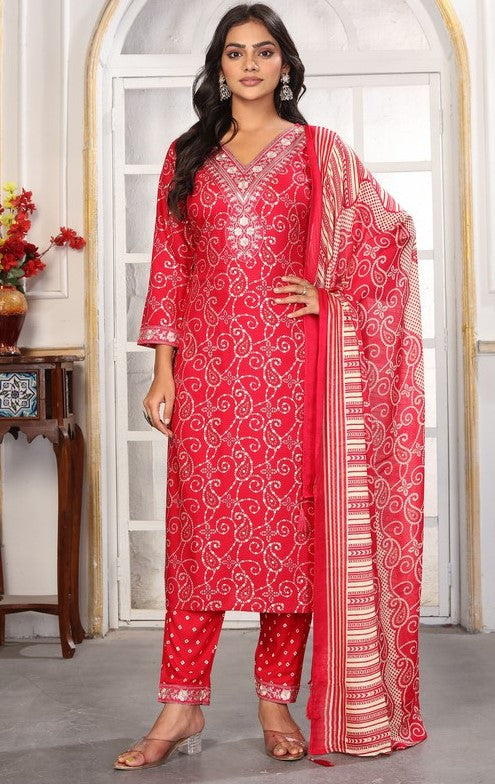 Amazing Red Color Rayon Fabric Casual Suit
