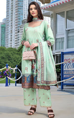 Amazing Green Color Linen Fabric Designer Suit