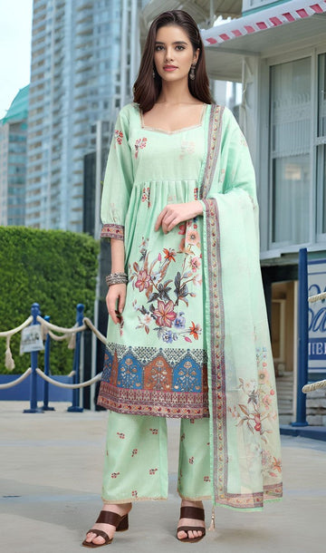Amazing Green Color Linen Fabric Designer Suit