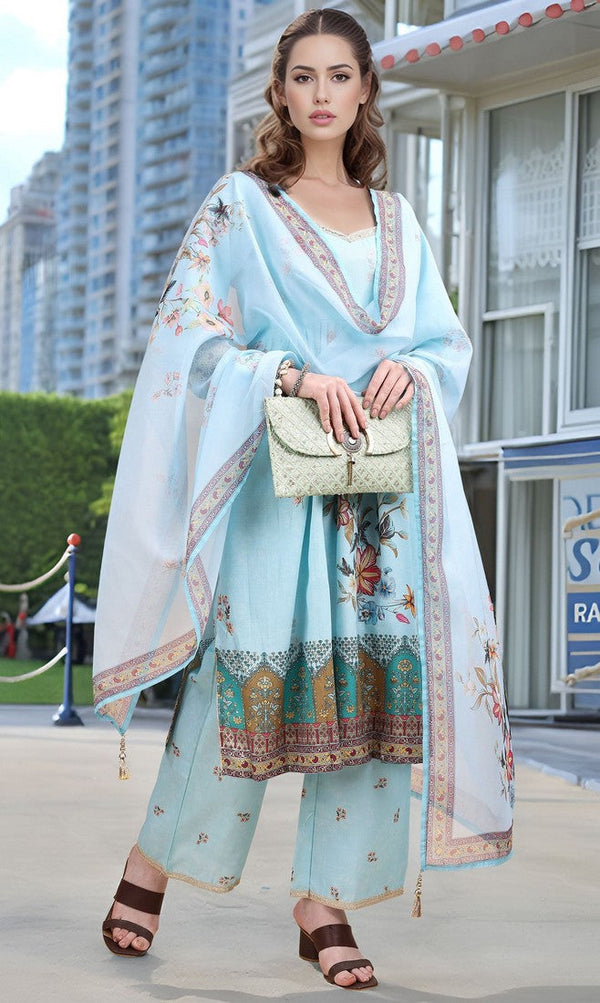Amazing Aqua Color Linen Fabric Designer Suit